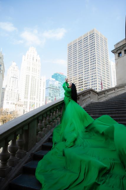 Chicago Luxury Flying Dress Photoshoot - Stop 2: Chicago Riverwalk for the color-and-water effect